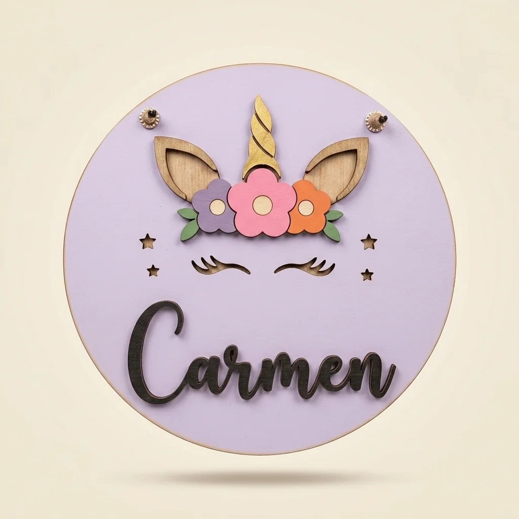 Letrero unicornio con nombre para habitación de niña